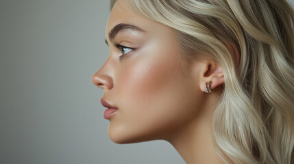 Obraz premium Beautiful young woman with blond hair posing in profile