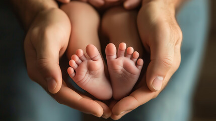 Father holding the feet of his newborn baby in his hands