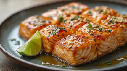 Delicious grilled salmon with soy sauce, sesame seeds and lime on plate