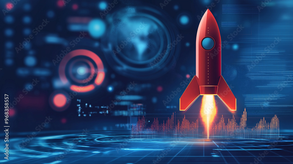 Poster red rocket launching from futuristic digital interface with growing charts