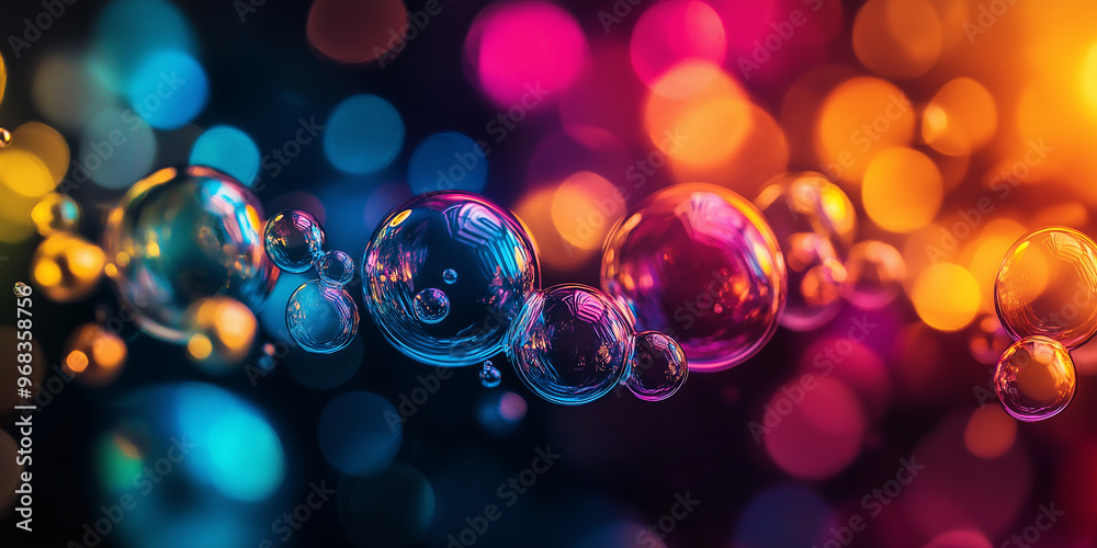 Poster Colorful soap bubbles floating on a black background with bokeh
