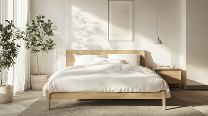 A serene bedroom with a wooden bed, soft bedding, and natural light from large windows.