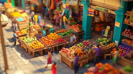 Obraz premium Vibrant market bustling with people amidst colorful fruits and vegetables in a lively town