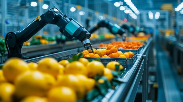 Robotic arms sorting citrus fruits in a warehouse for efficient processing and packaging.
