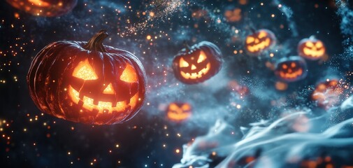 A spooky display of glowing Halloween pumpkins floating in a dark, starry night sky, creating a magical and eerie atmosphere.