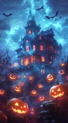 A spooky haunted house surrounded by glowing pumpkins and a dark, eerie atmosphere perfect for Halloween themes.