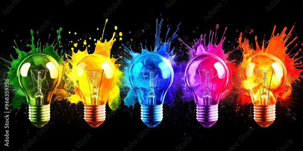 Poster colorful light bulbs exploding with creative ideas on black background