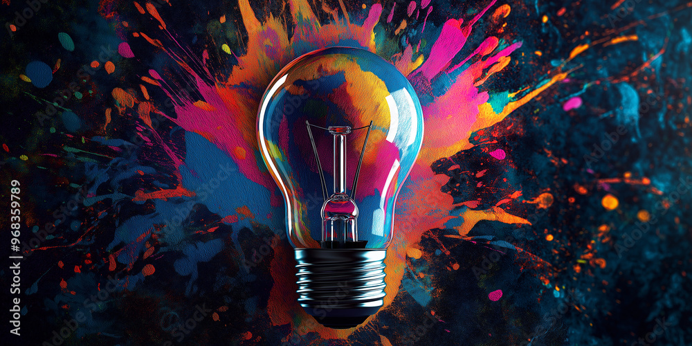 Poster Light bulb exploding with colorful paint splashing, concept of creativity
