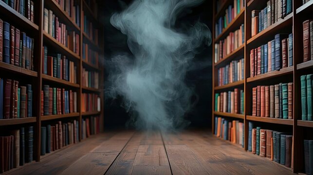 A spooky library filled with dusty old books, creaking floors, and faint whispers, creating a haunted and mysterious atmosphere