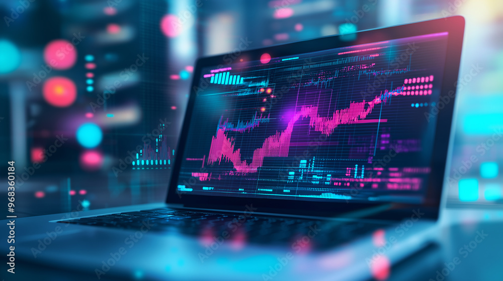 Poster laptop showing growing statistics chart in futuristic environment