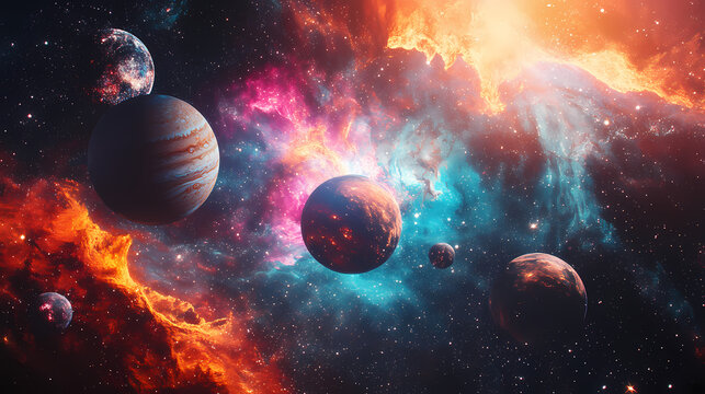 Surreal cosmic collage with planets, stars, nebulas and galaxies, far alien world in style of abstract, dreamlike colorful universe. Collage. Illustration