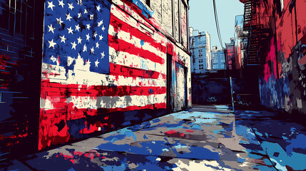Obraz premium The us flag in pop art graffiti style, with exaggerated forms and vibrant color blocks on a downtown building facade. Pop Art. Illustration