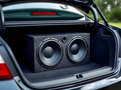 Trunk showcasing a dual subwoofer box designed for enhancing audio experience during outdoor gatherings or road trips