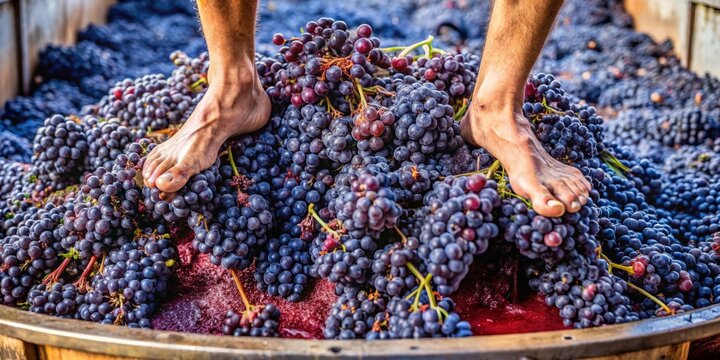 Crushing grapes beneath our feet in a classic press, we unleash the juice's deep hue, setting the stage
