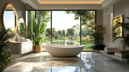 Luxurious modern bathroom with a view of lush greenery and a serene pond during bright daylight