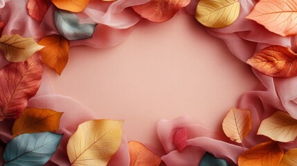 Autumn Leaves Arranged on Pink Fabric Background
