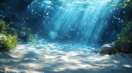 Fototapeta premium Underwater Scene with Sunlight Beams, Bubbles, and Sandy Bottom