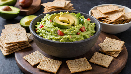 Bowl of fresh guacamole with a side of whole grain crackers, brain-boosting snack, healthy and delicious.