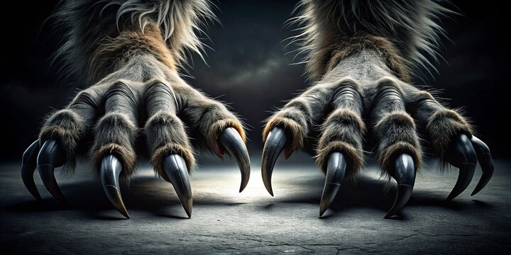 Furry, sharp-clawed monster feet loom large in dimly lit alleys, imposing and intimidating, hinting at the terrors that