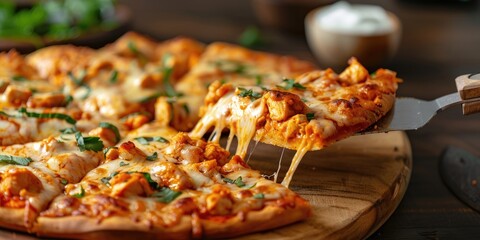 Boneless buffalo chicken pizza with cheese on a base served with a spatula held slice