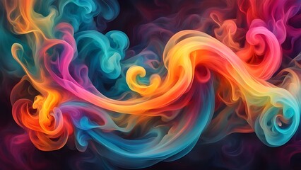 Abstract colorful smoke swirls on dark background.