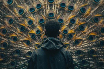 A man stands in front of a peacock with many feathers