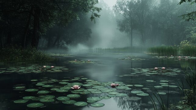 Misty Forest Pond with Water Lilies and Fog