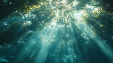 Fototapeta premium Sunbeams Filtering Through Underwater Seaweed Canopy