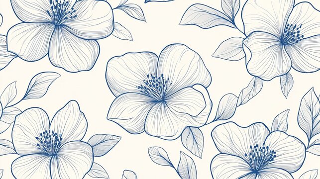 Clean seamless floral pattern with linear flowers, vector art.