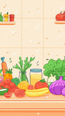 Vibrant cartoon kitchen shelves with fresh produce and condiments