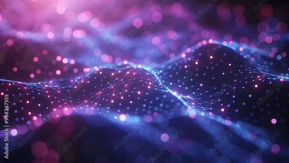 Poster 3d rendering of abstract digital wave with particles. futuristic background with bokeh defocused lig