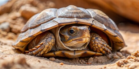 Naklejka premium In the arid desert landscape, a camouflaged Native desert box turtle lies concealed within its shell, blending