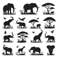 Obraz premium Set of elephant silhouettes isolated on a white background, Vector illustration.