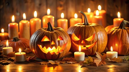 Fototapeta premium Intricately carved pumpkin masterpieces are brought to life with softly glowing candles, creating a mesmerizing