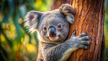 Fototapeta premium Koala's soft, furry arms curl loosely around a tree trunk, as if embracing a long-lost friend, radiating cozy