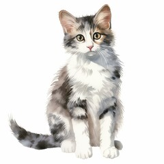 Adorable Watercolor Illustration of a Fluffy Kitten with Big Eyes, Perfect for Pet-Themed Designs