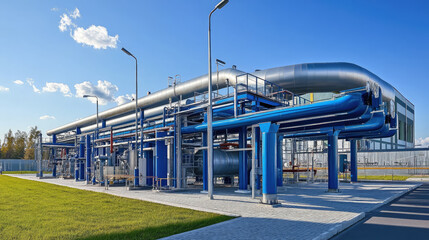 Obraz premium gas pipeline pipes, large industrial petrol station, heating, gas transmission over distance, water supply, equipment, technology, engineering, oil, chemistry