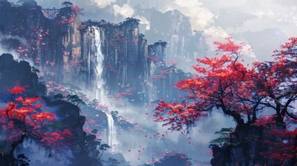 A mountain range with a waterfall and trees in the foreground