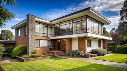 Modernist bungalow features clean lines, rectangular volumes, and expansive glass facades, filtering natural light into