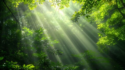 Obraz premium Tropical rainforest with sunbeams filtering through the dense foliage, creating a mystical and peaceful jungle landscape.