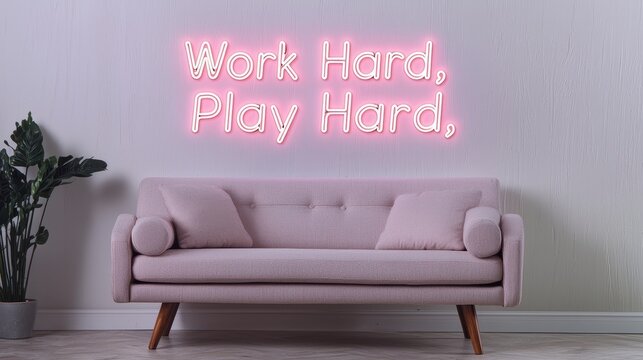 Pink neon sign with the phrase "Work Hard, Play Hard" hanging above a pink couch in a modern living room.