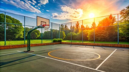 Open air basketball court with orange hoop, backboard, and lines on asphalt seating awaits.