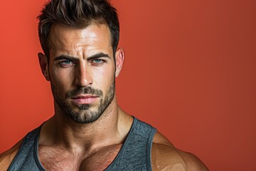 Obraz premium A strong, fit man with a sharp gaze and a calm demeanor, solid color background representing the integration of physical and mental fitness, ideal for gym promotions
