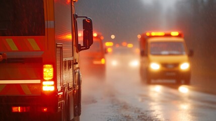 Emergency vehicles illuminated in orange during a rainstorm at dusk.