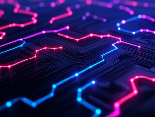 Obraz premium Vibrant digital circuit patterns with glowing blue and pink lights, showcasing modern technology and electronic design.