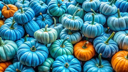 Piled in abundance, vibrant azure pumpkins of various sizes bring festive flair to Halloween decorations this fall.