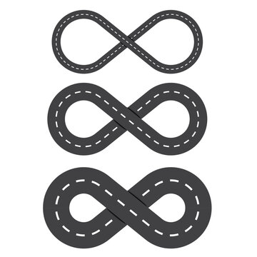 Three infinity shaped roads with dashed lines. Various thicknesses of black road loops. Simple vector illustration.