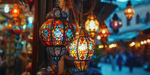 Fototapeta premium Multicolored Arabic lanterns in a vibrant tourist gift shop