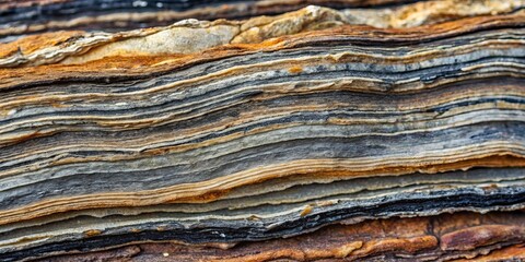 Rocky layers of mica schist unfold, exposing microscopic mineral crystals and foliated patterns, a testament to the