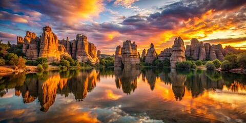 Obraz premium Sandstone formations rise majestically above a serene lake, hues of orange and pink dancing across the sky as